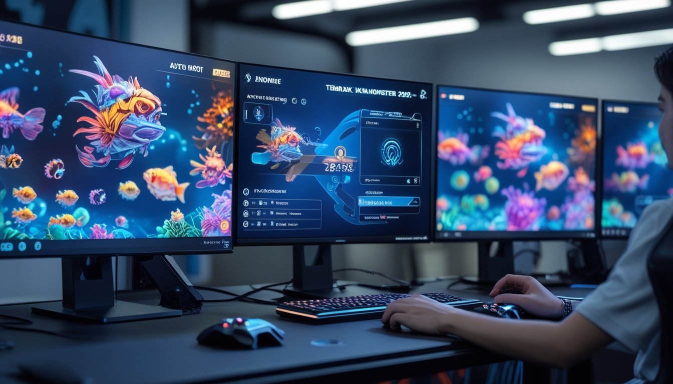 Seorang pemain sedang mengatur fitur auto shoot pada permainan Tembak Ikan Monster dengan layar menampilkan ikan-ikan warna-warni di bawah laut dan kontrol game di meja.