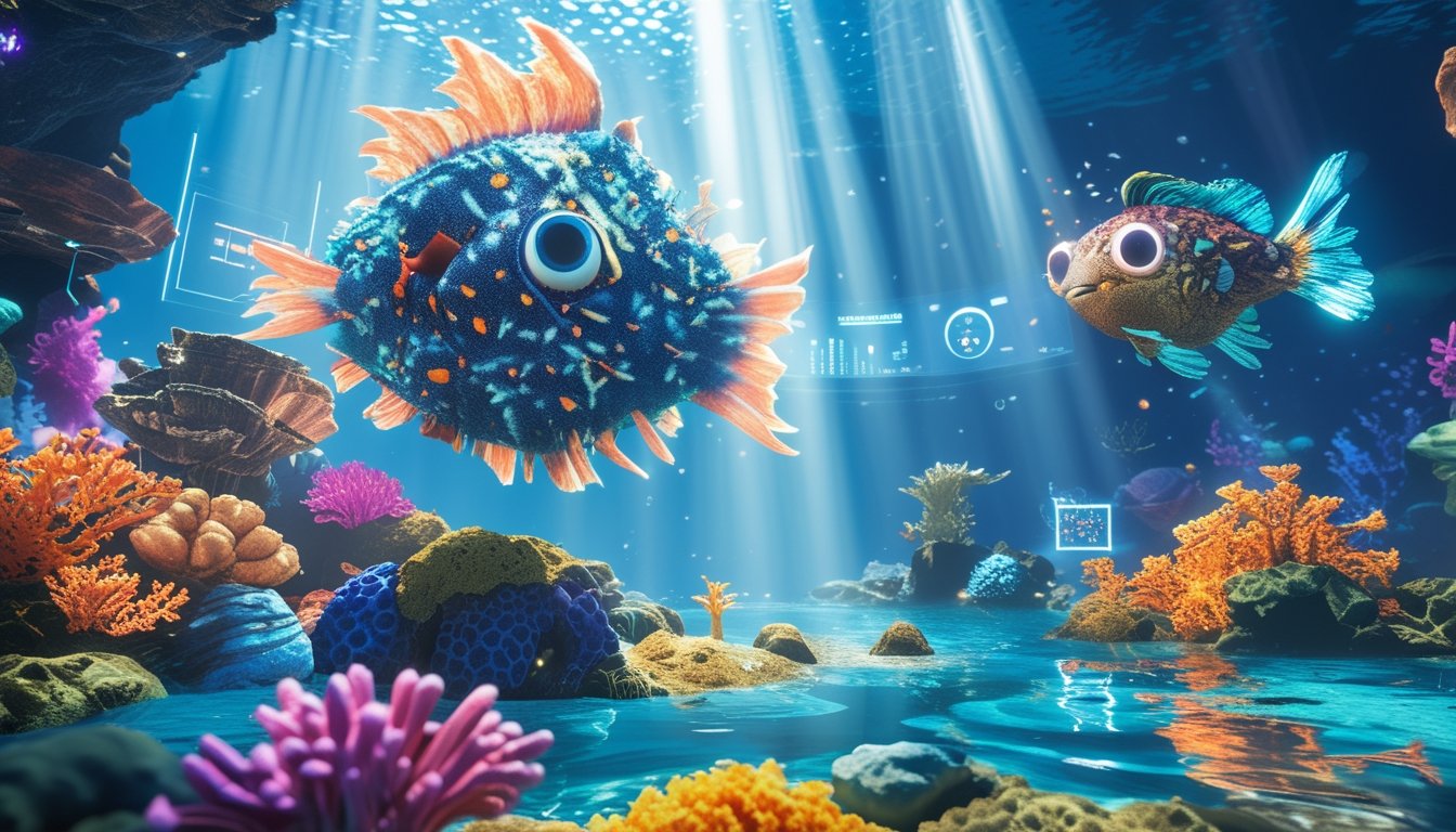 Adegan bawah laut dengan ikan monster warna-warni dan terumbu karang yang hidup, menampilkan suasana permainan yang menarik dan penuh warna.