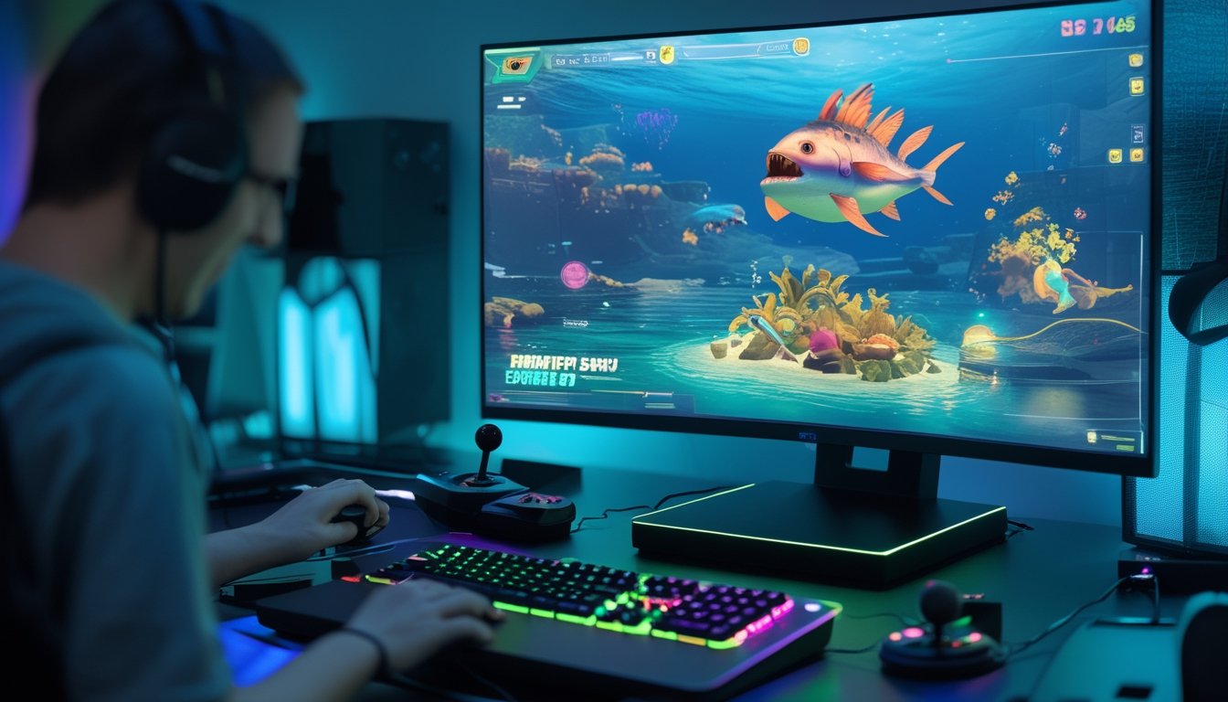Sebuah setup permainan modern dengan monitor menampilkan grafik ikan monster di bawah laut dan seseorang sedang bermain game.