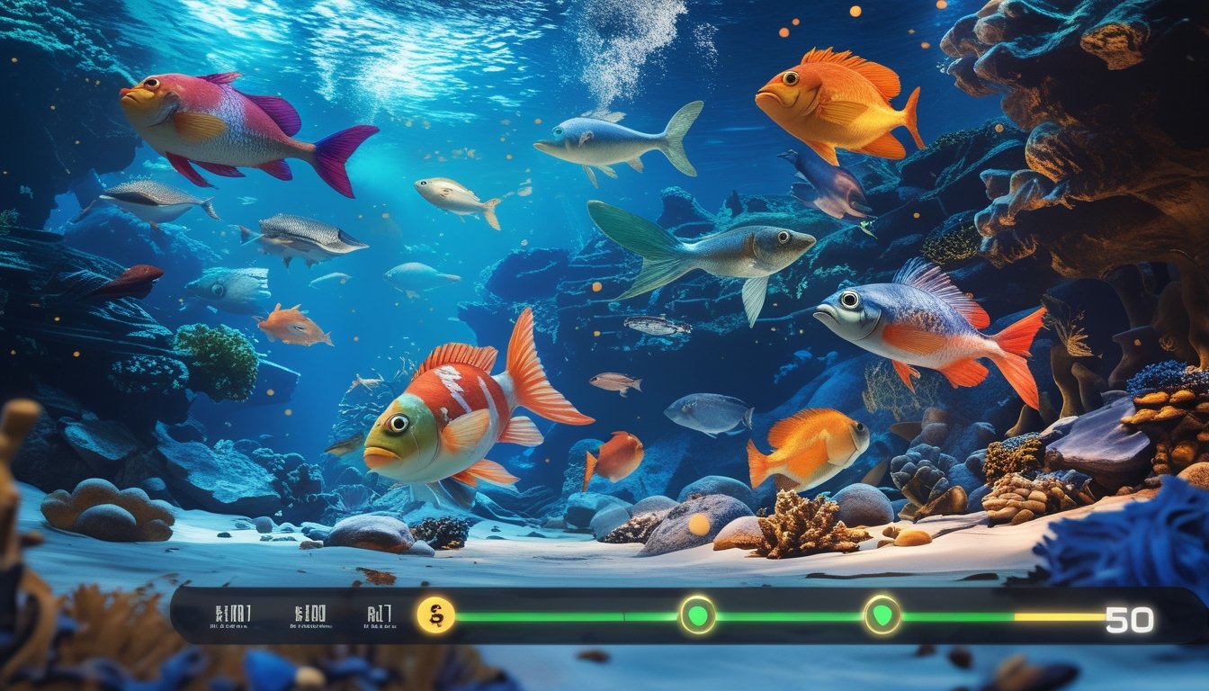 Pemandangan bawah laut dengan ikan besar berwarna-warni dan monster laut di antara terumbu karang yang bercahaya, dengan elemen permainan digital yang menunjukkan koin dan chip.