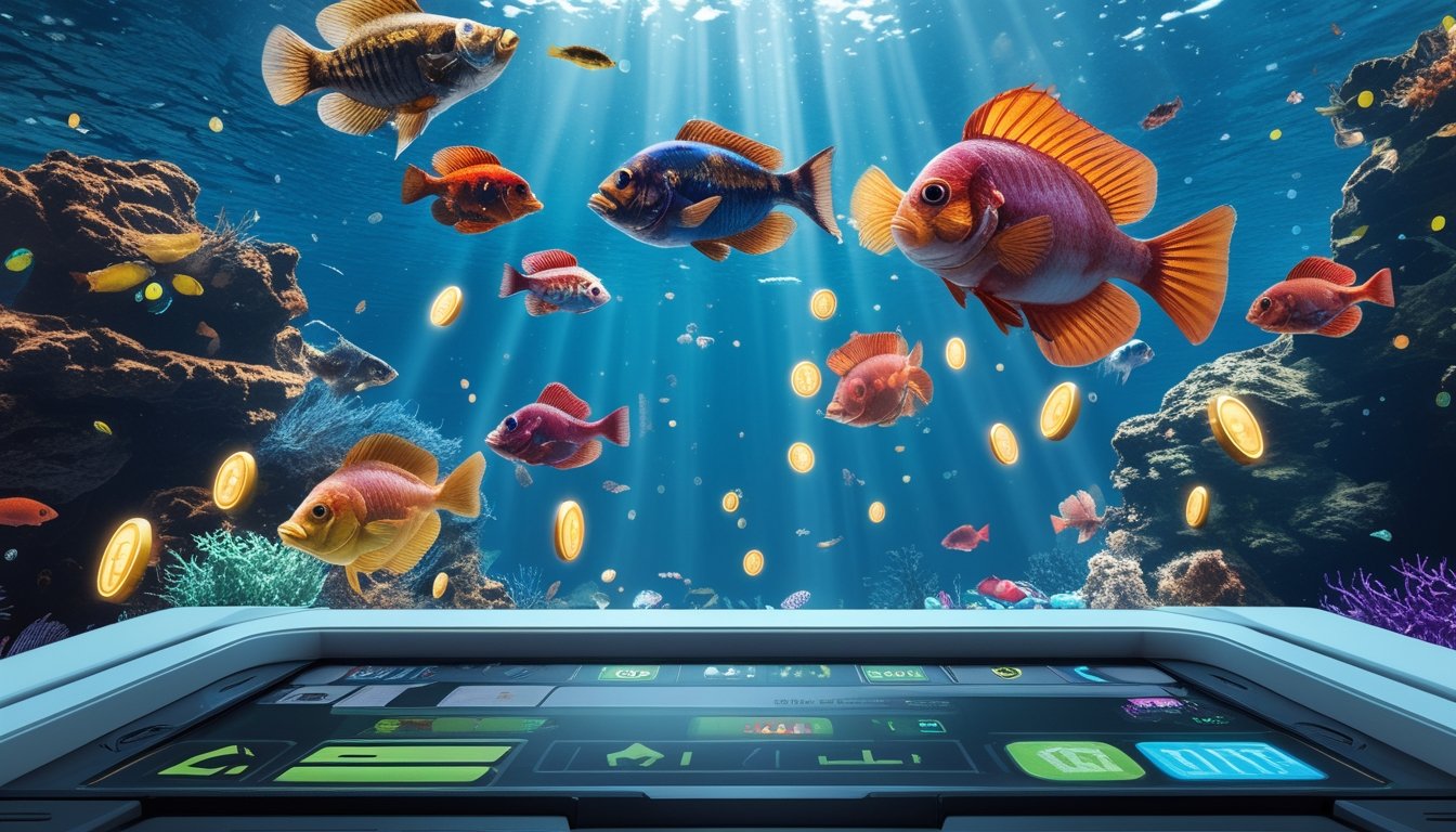 Pemandangan bawah laut dengan ikan dan monster laut berwarna-warni serta antarmuka permainan futuristik yang menunjukkan koin dan chip digital.