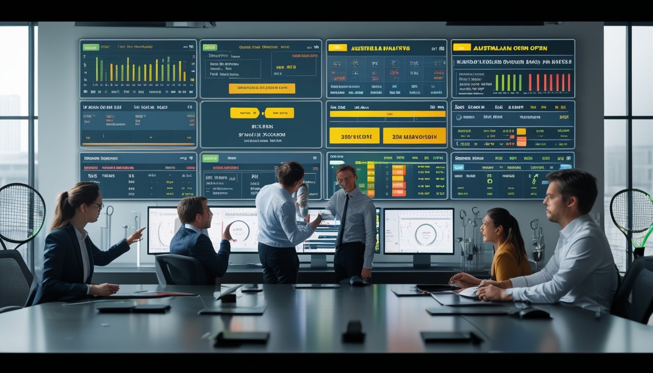 Sejumlah analis sedang melihat data statistik tenis dan prediksi taruhan di monitor komputer dalam sebuah ruang kerja modern.