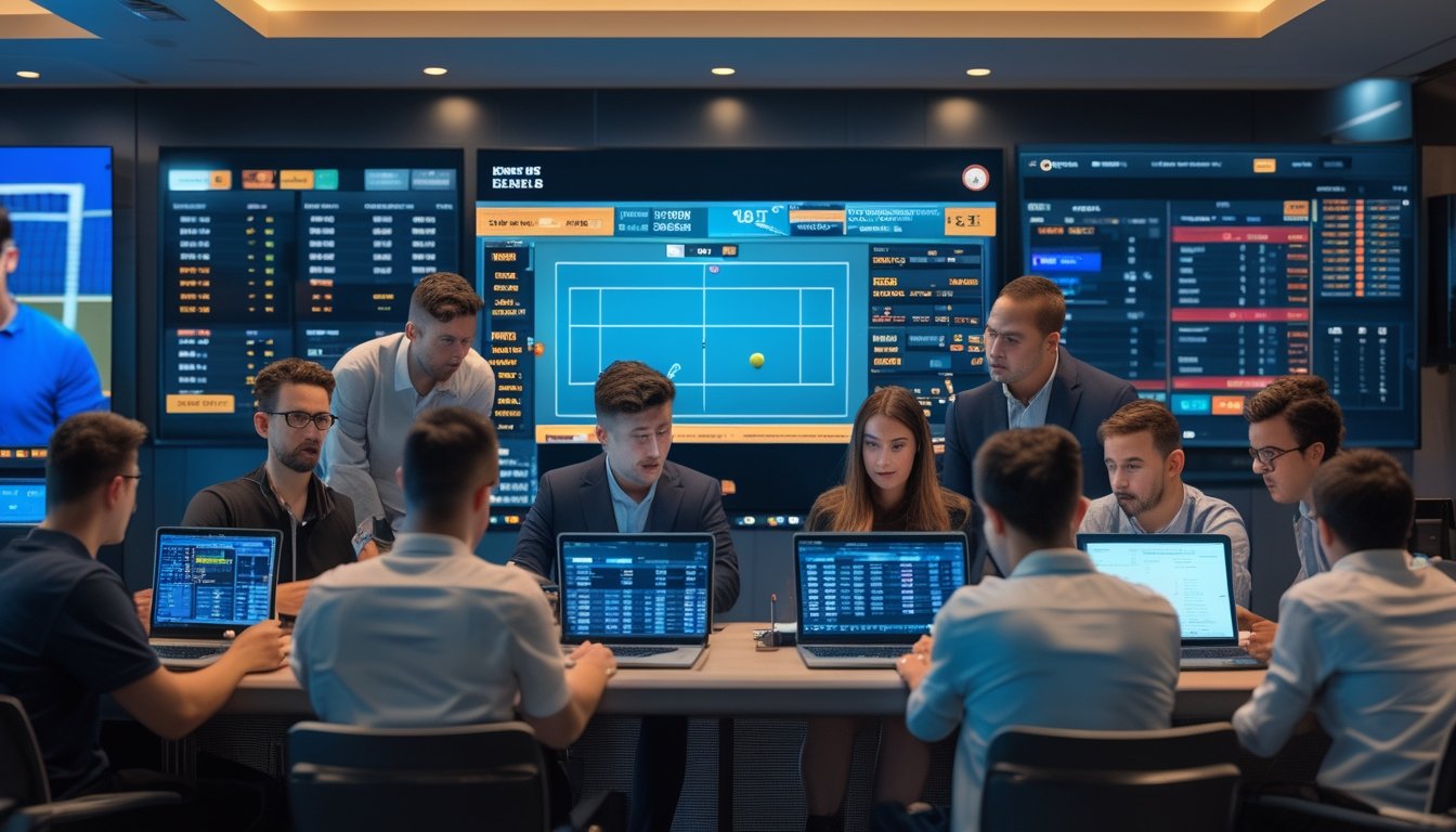 Beberapa orang sedang menganalisis data taruhan tenis langsung dengan layar digital dan perangkat elektronik di ruangan modern.