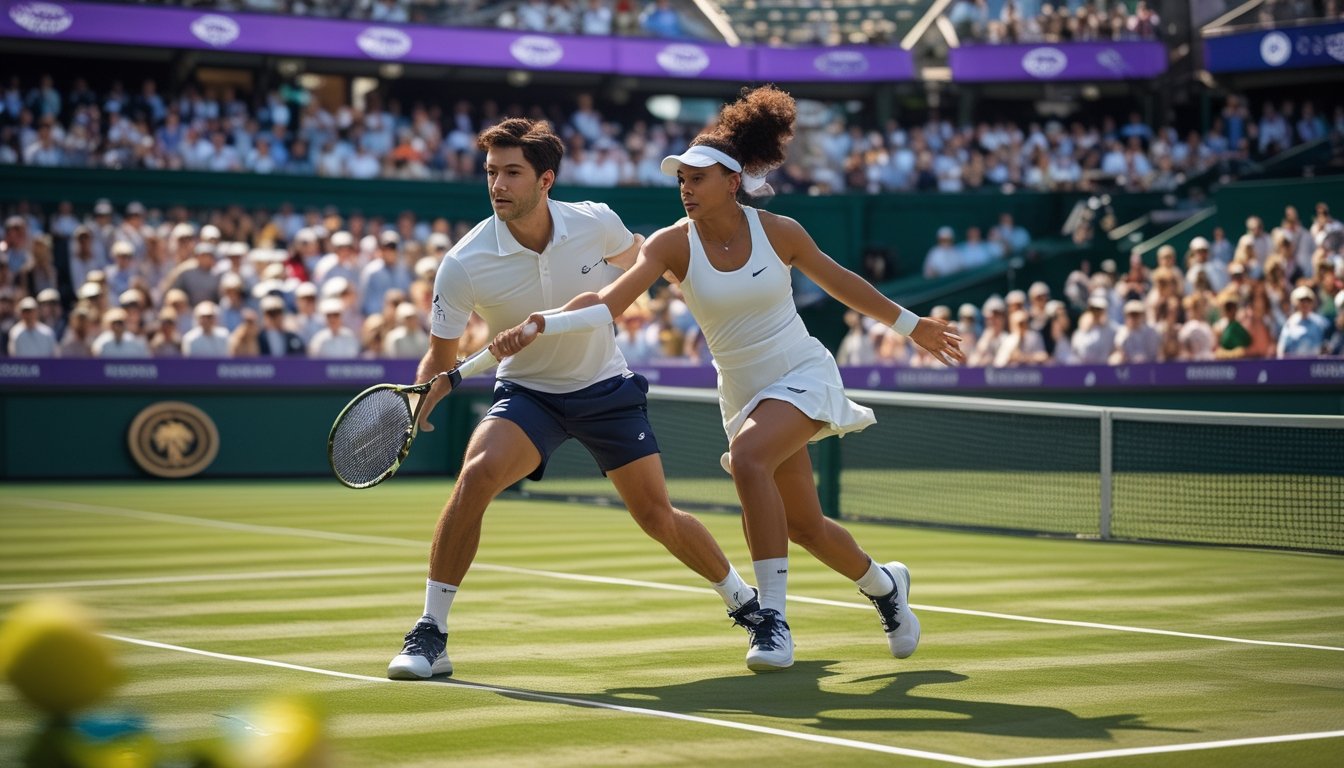 Dua pemain tenis sedang bertanding di lapangan rumput dengan penonton ramai di tribun stadion.