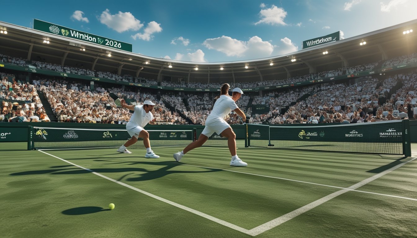 Dua pemain tenis sedang bertanding di lapangan rumput Wimbledon dengan penonton di tribun stadion.