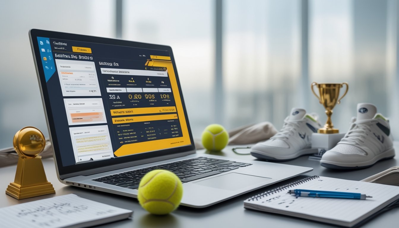 Meja kerja dengan laptop yang menampilkan data taruhan tenis, catatan, bola tenis, sepatu tenis, dan trofi kecil di ruang kantor yang terang.