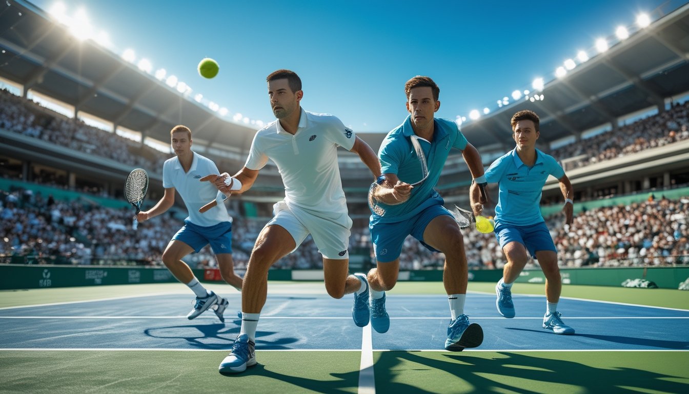 Empat pemain tenis pria sedang bertanding dengan intens di lapangan tenis outdoor yang cerah, dikelilingi penonton di stadion modern.