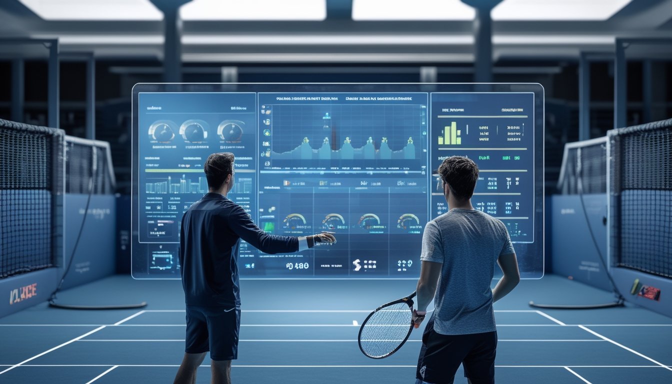 Seorang pelatih tenis dan pemain sedang melihat data statistik dan analisis pertandingan di layar sentuh di lapangan tenis dalam ruangan.