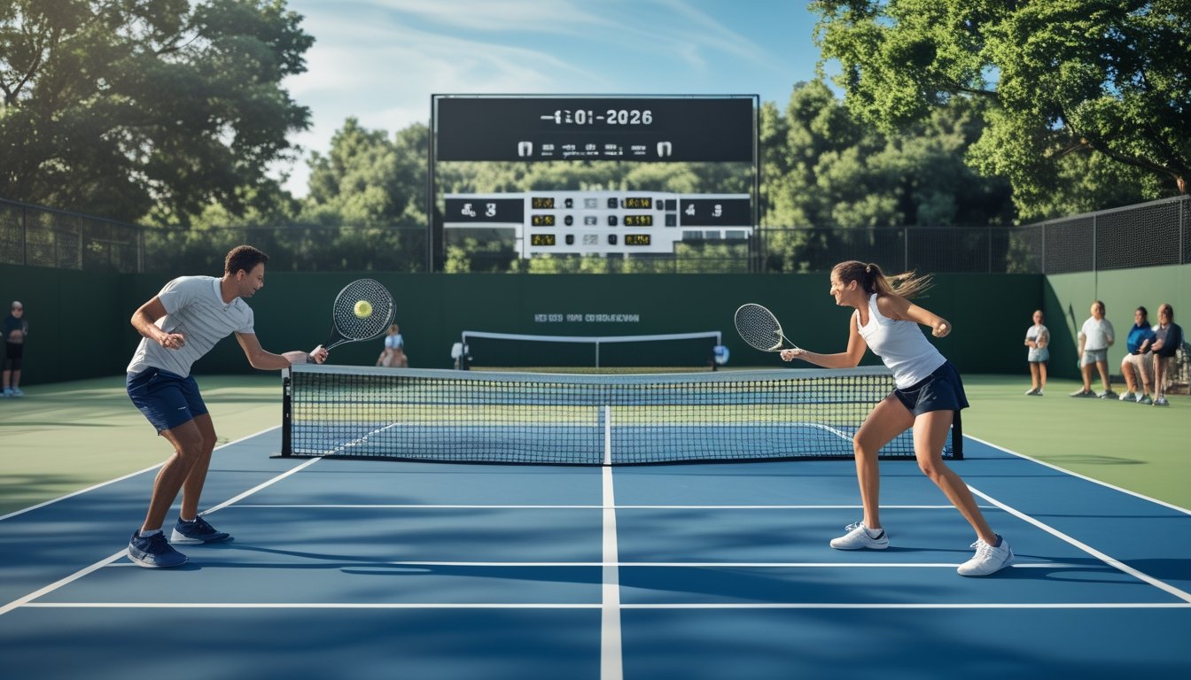 Dua pemain tenis sedang bertanding di lapangan luar ruangan dengan langit cerah, salah satu pemain melakukan pukulan forehand dan yang lain bersiap mengembalikan bola.