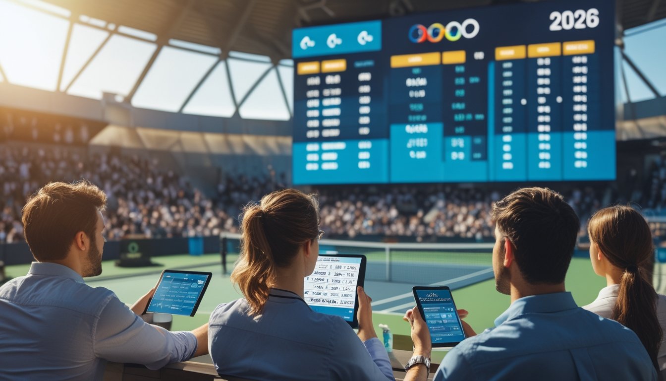 Orang-orang sedang melihat data pertandingan tenis di stadion tenis yang ramai dengan penonton.