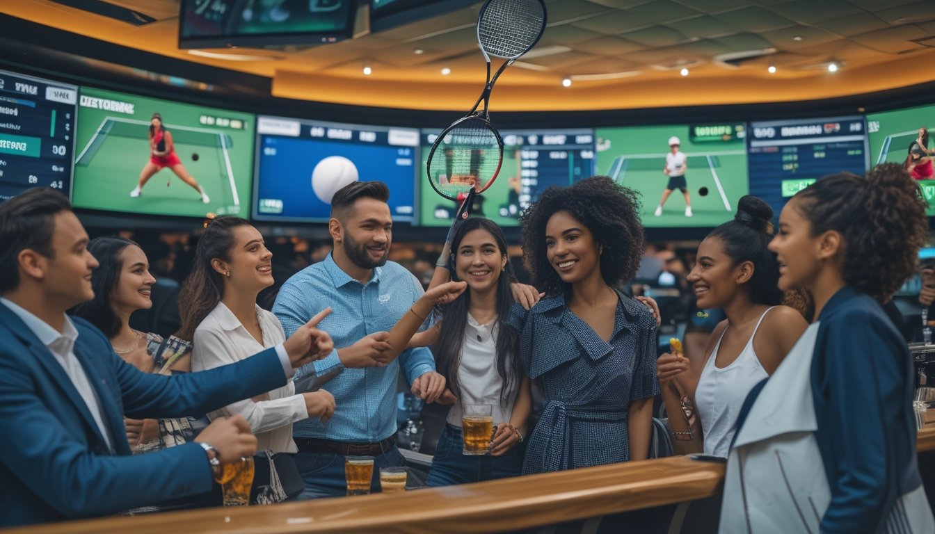 Orang-orang menonton pertandingan tenis di bar olahraga dengan layar besar menampilkan pertandingan dan informasi taruhan.