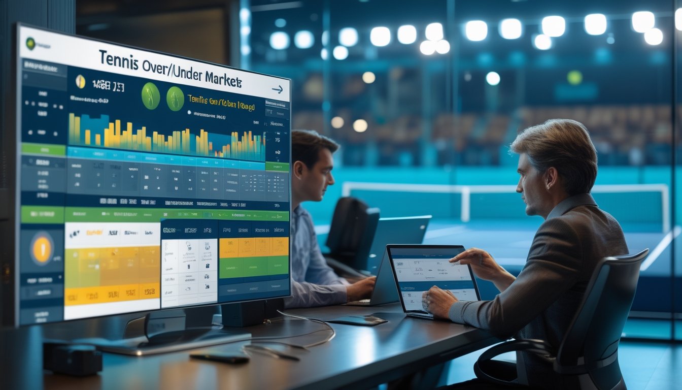 Orang-orang sedang menganalisis data taruhan tenis dengan layar digital dan lapangan tenis di latar belakang.