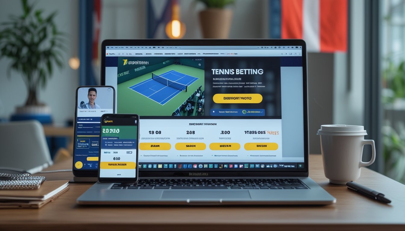 Sebuah ruang kerja modern dengan laptop dan ponsel yang menampilkan situs taruhan tenis, ditemani cangkir kopi dan dekorasi kecil bertema Indonesia.