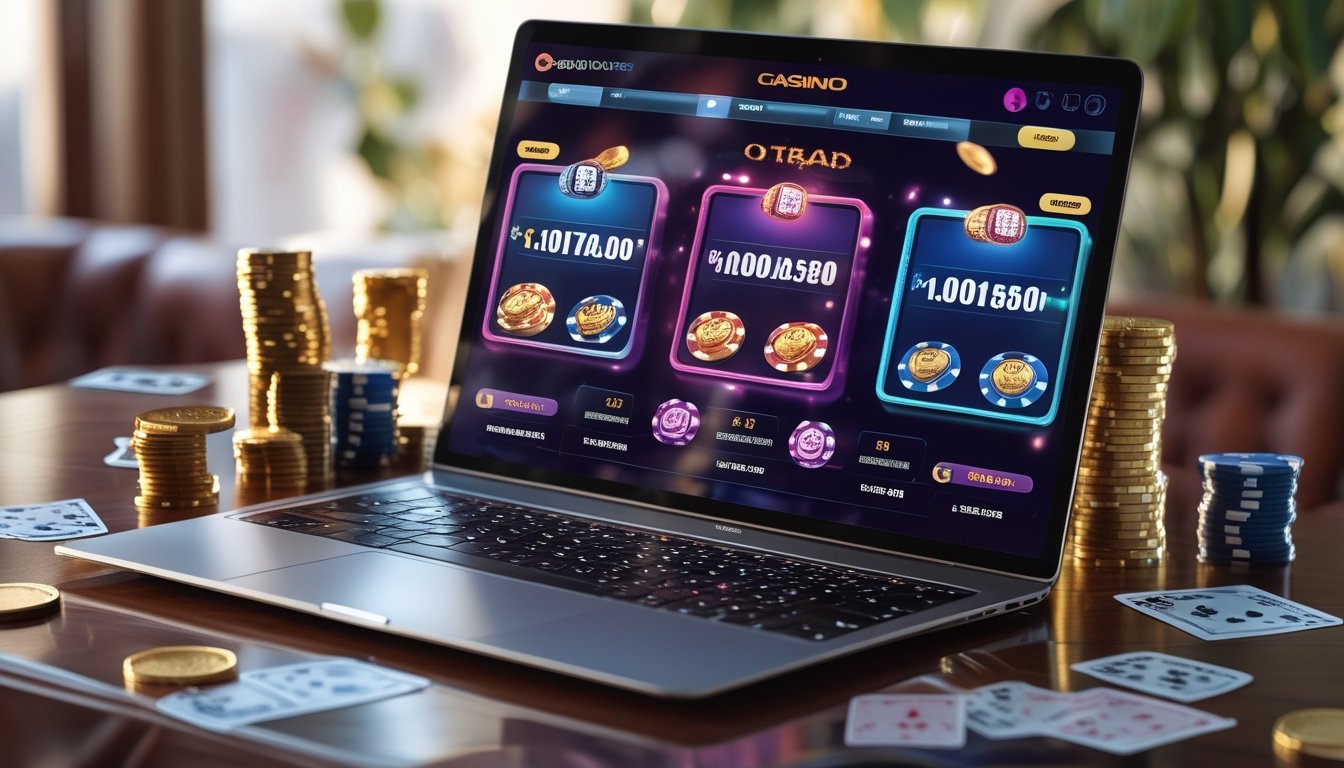Sebuah laptop dengan layar menampilkan permainan kasino online dengan chip poker, kartu, dan koin emas di atas meja kayu.