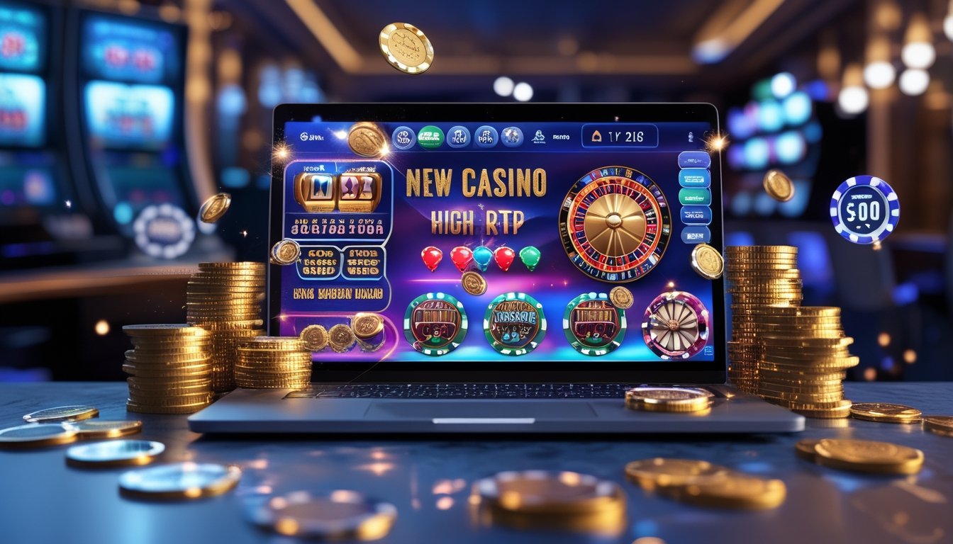 Sebuah layar komputer menampilkan permainan kasino online terbaru dengan grafik warna-warni, dikelilingi oleh tumpukan koin emas dan chip kasino, menunjukkan suasana permainan dan kemenangan besar.