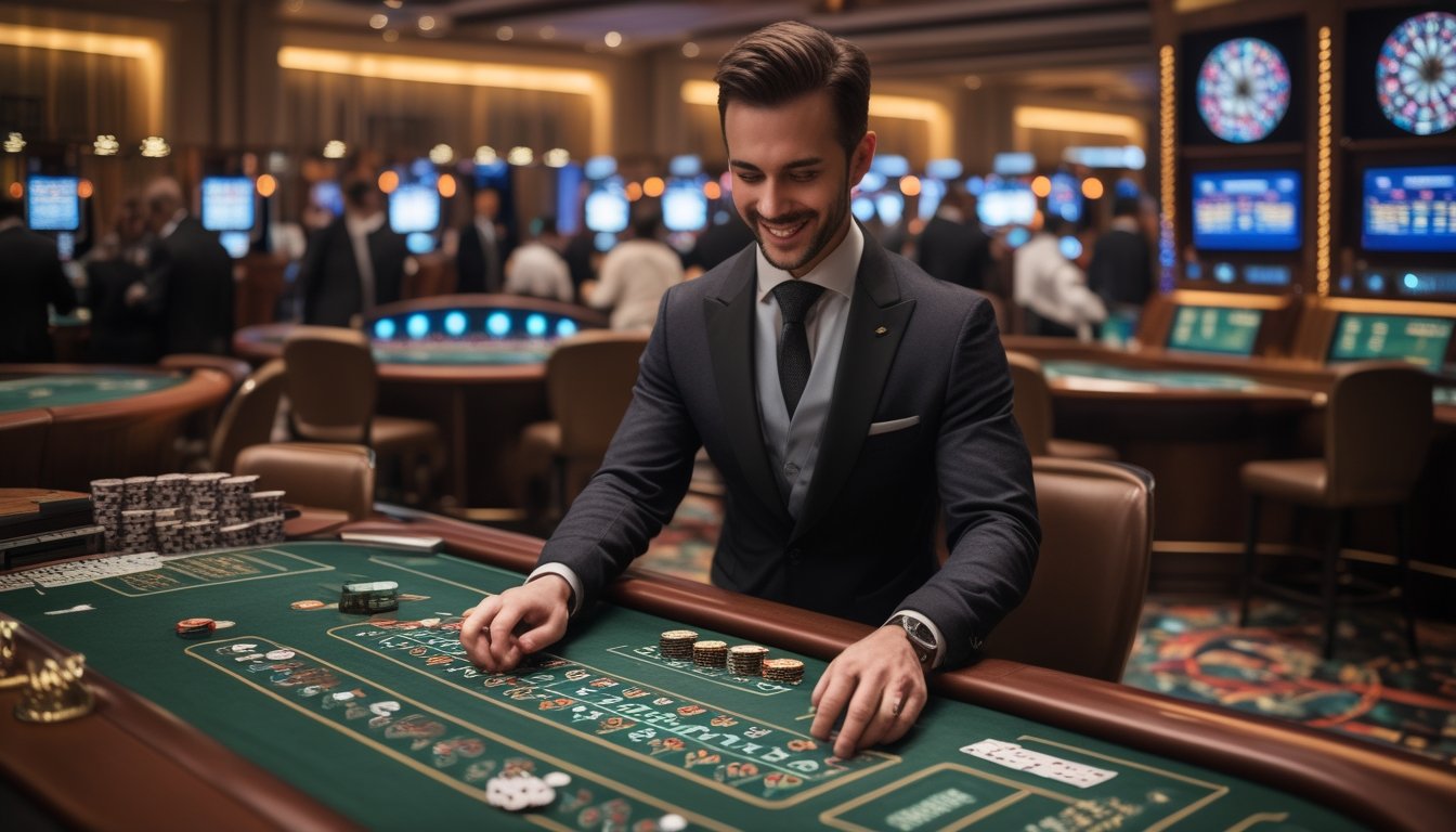 Seorang dealer profesional sedang membagikan kartu di meja blackjack dengan pemain yang duduk di sekitarnya, di dalam kasino mewah dengan meja roulette dan baccarat terlihat di latar belakang.