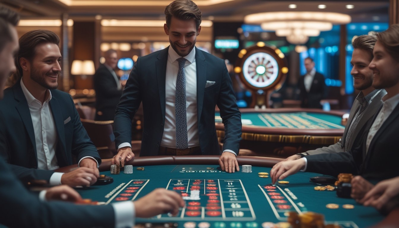 Seorang dealer profesional sedang melayani pemain di meja blackjack dengan meja roulette dan baccarat di latar belakang dalam suasana kasino langsung yang mewah.