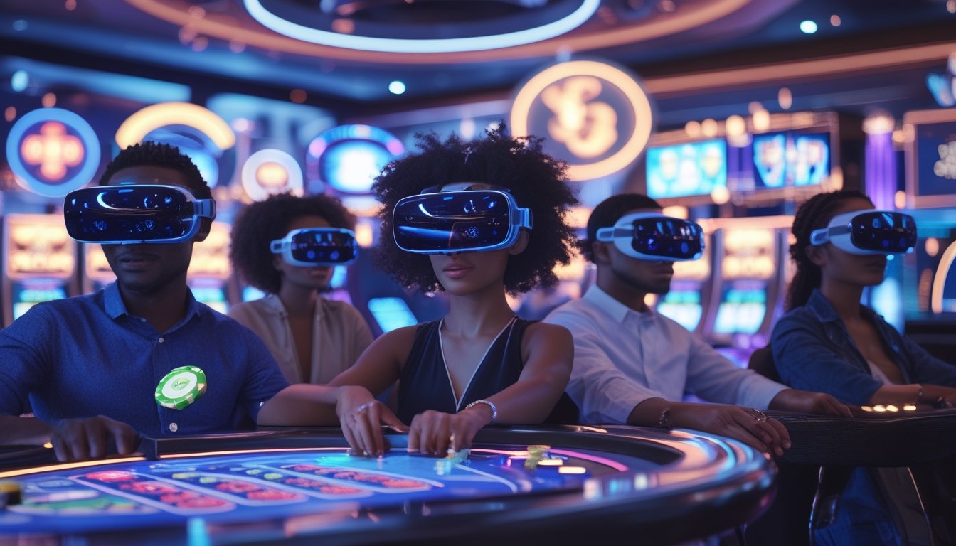 Orang-orang memakai headset VR sedang bermain di kasino virtual futuristik dengan mesin slot holografik dan meja poker.