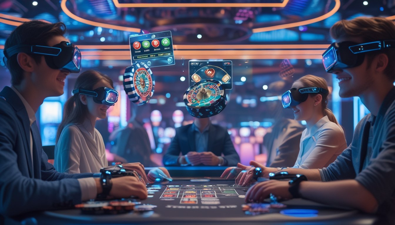 Sekelompok orang menggunakan headset VR di sebuah ruangan futuristik dengan antarmuka permainan kasino mengambang di udara.