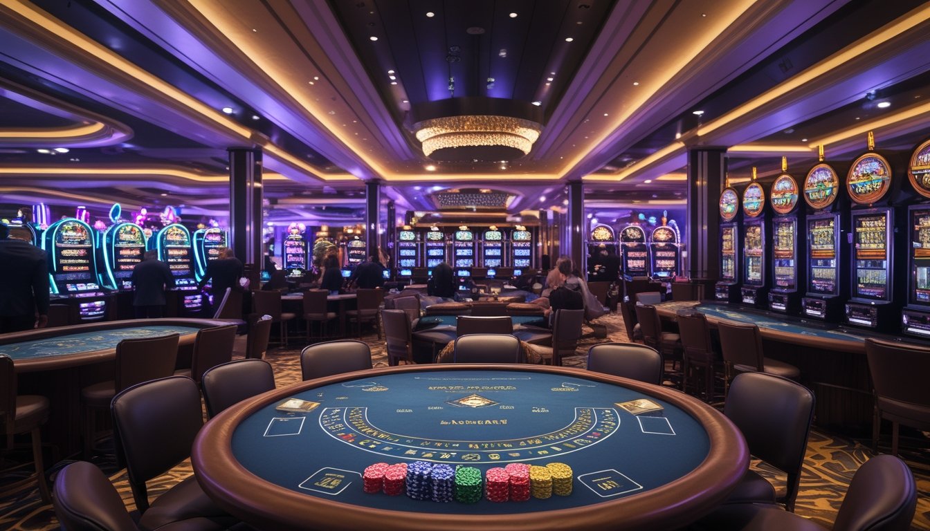 Suasana lantai kasino dengan meja permainan kartu dan mesin slot yang menyala, menampilkan pemain yang fokus bermain.