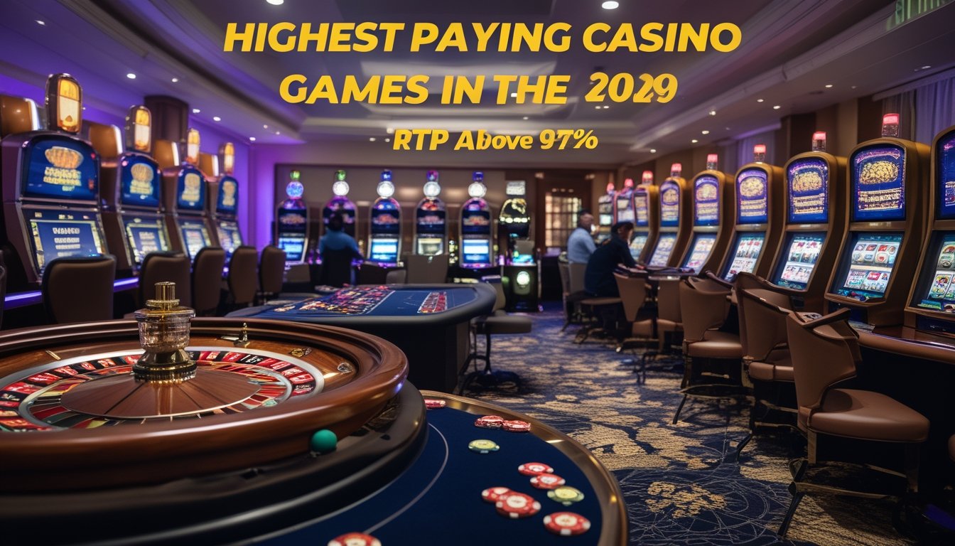 Interior kasino modern dengan meja roulette, mesin slot, dan meja blackjack yang ramai dengan pemain.