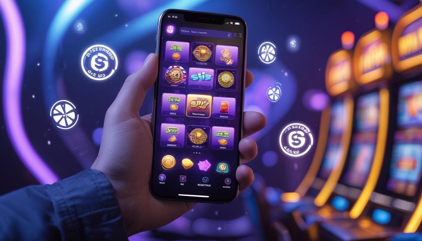 Seseorang memegang ponsel yang menampilkan permainan kasino dengan ikon bonus di latar belakang futuristik.