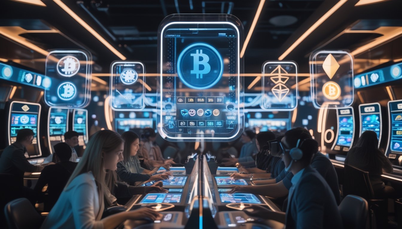 Suasana kasino digital modern dengan pemain yang menggunakan teknologi canggih untuk bermain permainan judi menggunakan Bitcoin dan Ethereum.