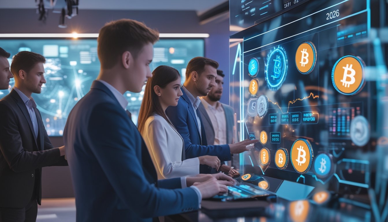 Sekelompok orang muda menggunakan layar sentuh digital dengan simbol Bitcoin dan Ethereum di lingkungan kasino modern.