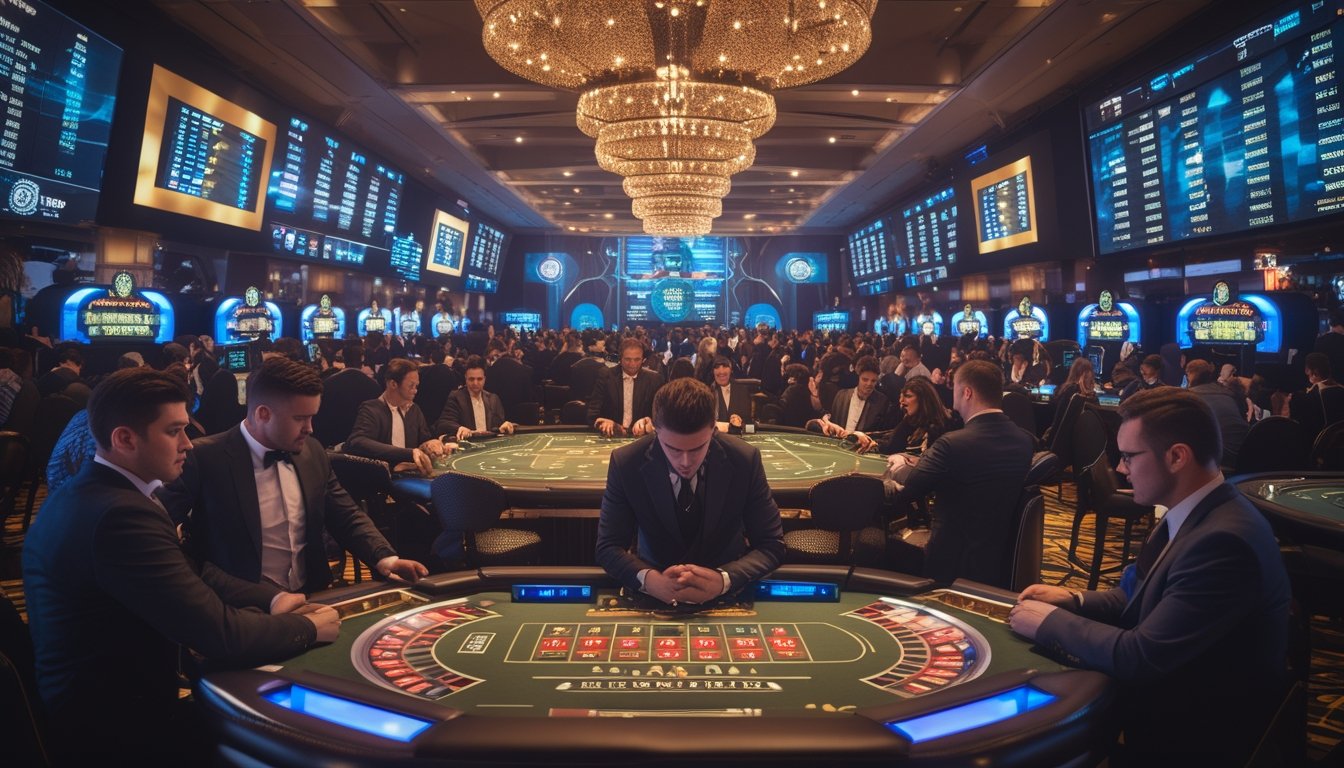 Suasana turnamen kasino besar dengan pemain yang serius bermain di meja permainan dan layar digital menampilkan jackpot progresif.