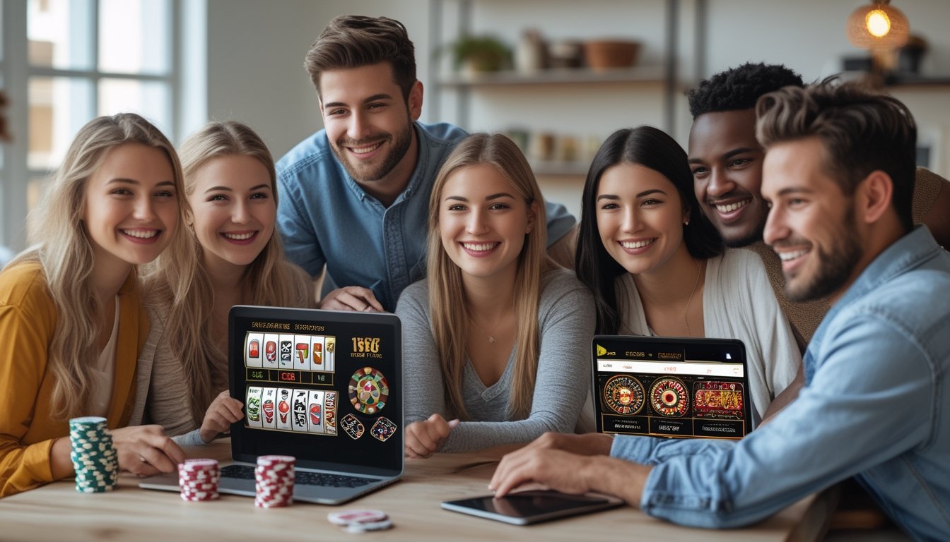 Sekelompok orang muda yang ceria bermain permainan kasino online di laptop dan tablet di ruangan yang nyaman.