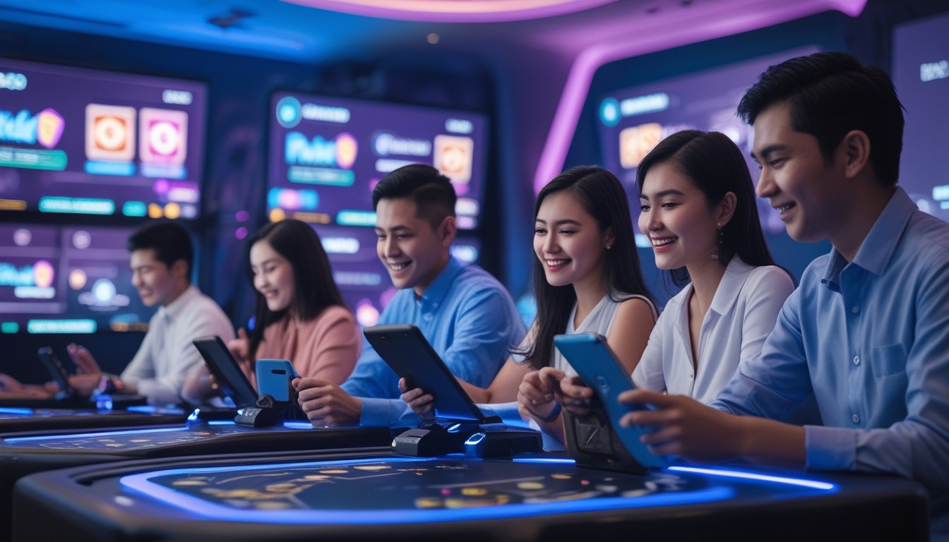 Sekelompok orang muda Indonesia bermain permainan kasino digital di perangkat modern dengan latar belakang bertema teknologi dan nuansa warna biru ungu.
