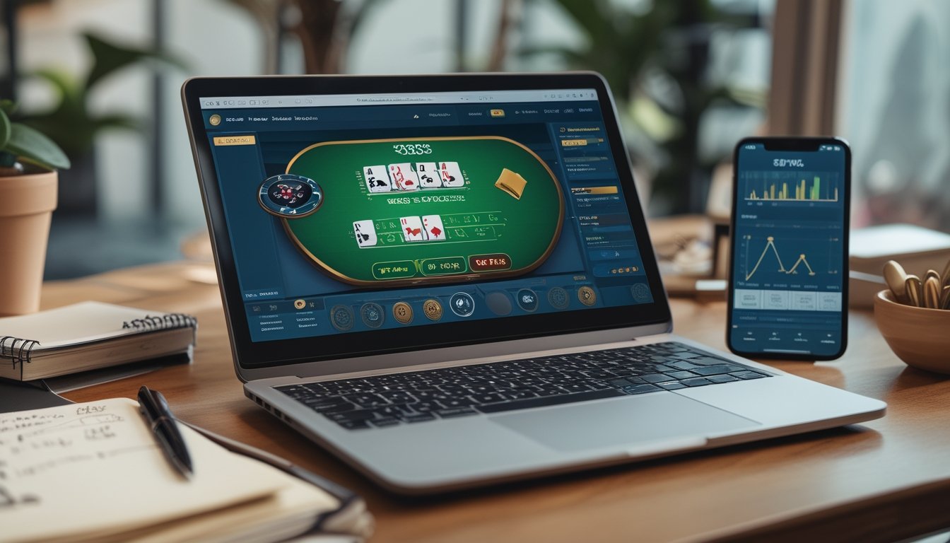 Seseorang bermain blackjack online menggunakan laptop di meja dengan kartu, chip, dan catatan strategi di sekitarnya.