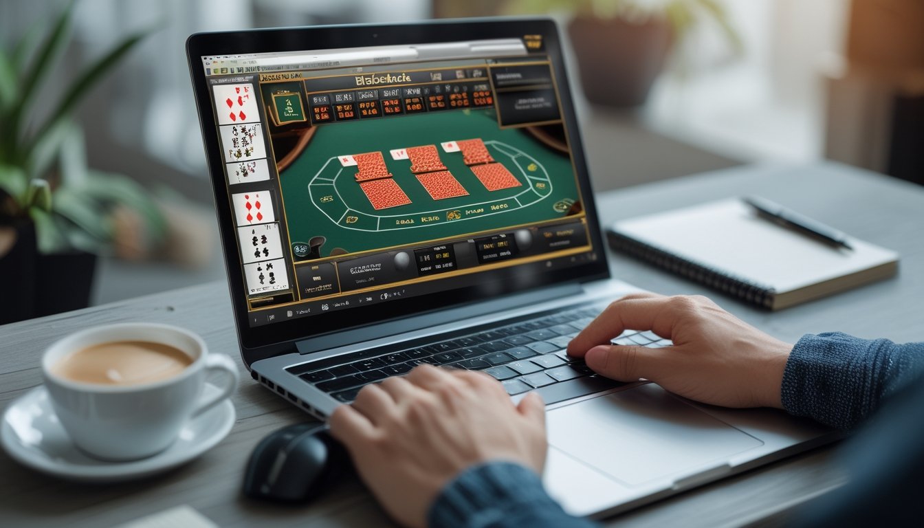 Seseorang bermain blackjack online di depan komputer dengan kartu dan chip di layar.
