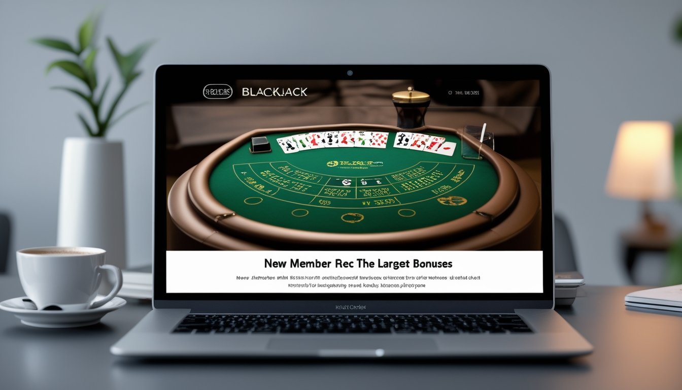 Sebuah meja blackjack digital yang ditampilkan di layar komputer dengan suasana nyaman dan elemen teknologi di sekitarnya.