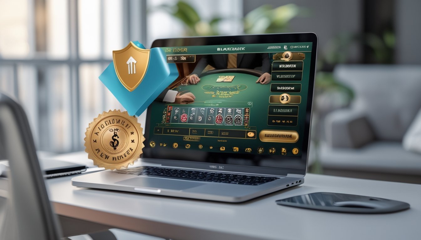 Seseorang menggunakan perangkat digital untuk bermain blackjack online dengan suasana yang nyaman dan elemen simbol kepercayaan di latar belakang.