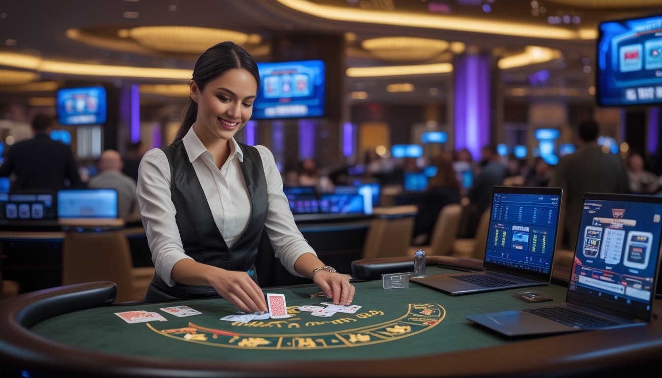 Seorang dealer wanita profesional sedang membagikan kartu di meja blackjack langsung dengan beberapa pemain menggunakan laptop dan ponsel di latar belakang.