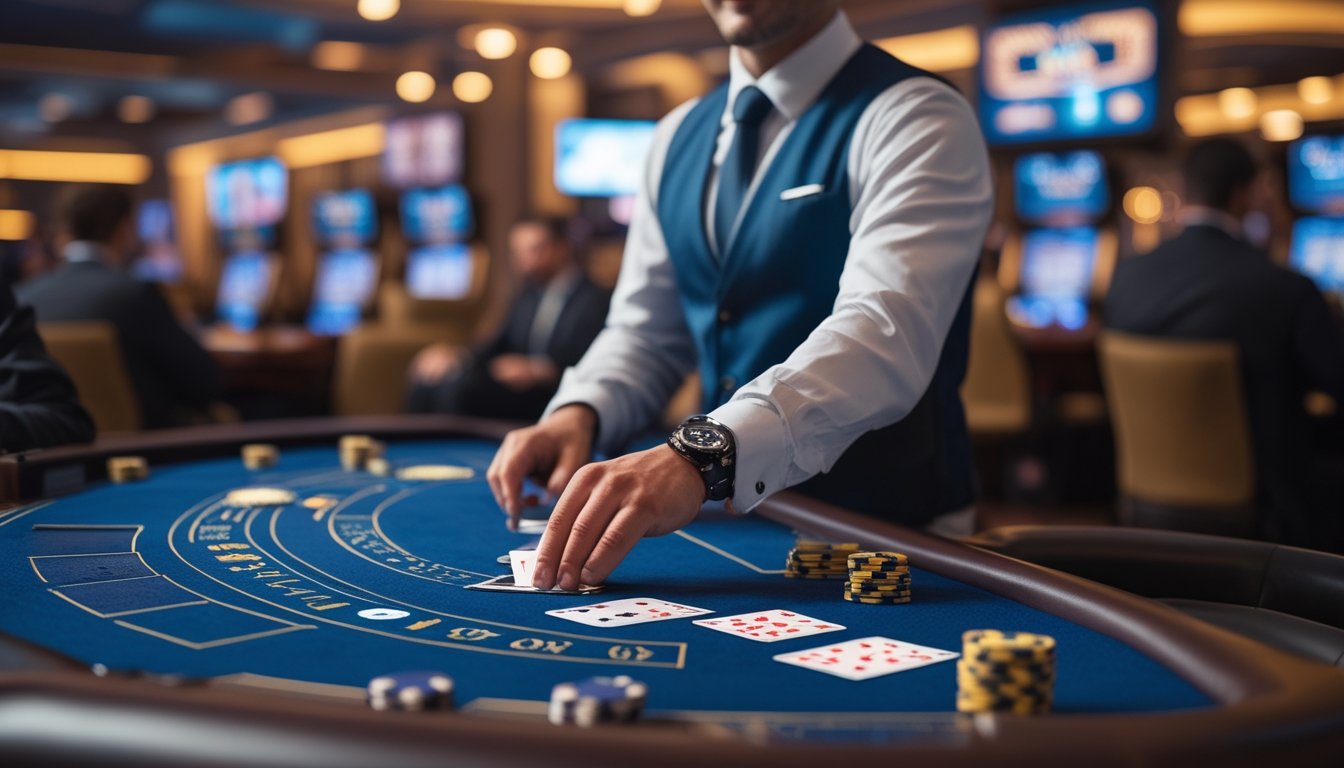 Seorang dealer blackjack profesional sedang membagikan kartu di meja casino langsung dengan beberapa pemain yang fokus bermain.