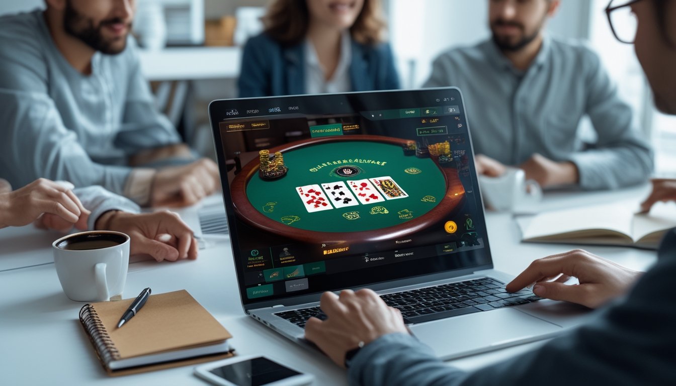 Orang-orang dari berbagai tingkat keahlian bermain blackjack online di depan laptop di ruang kerja modern.