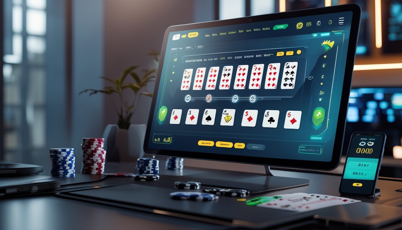 Seorang pemain sedang bermain blackjack online di depan komputer dengan kartu dan chip poker di meja.