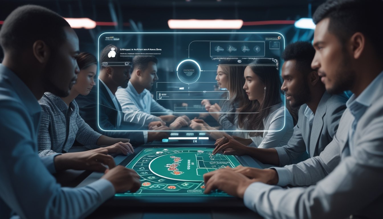 Beberapa orang fokus bermain blackjack online dengan layar digital futuristik di ruangan bergaya kasino modern.