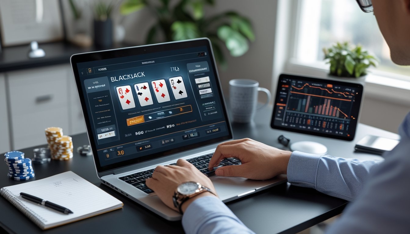 Seseorang sedang bermain blackjack online di laptop dengan tumpukan chip dan alat tulis di meja, menunjukkan fokus dan manajemen bankroll.