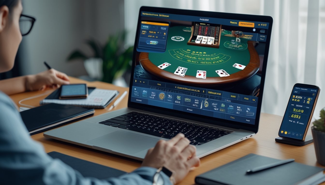 Seseorang sedang bermain blackjack online di komputer dengan meja kartu digital dan chip, di meja juga terdapat buku catatan dan ponsel.