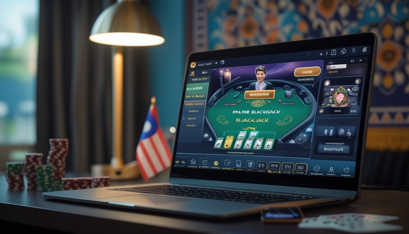 Seseorang menggunakan laptop dengan permainan blackjack online di layar, di meja dengan chip dan kartu remi, dengan elemen budaya Indonesia di latar belakang.