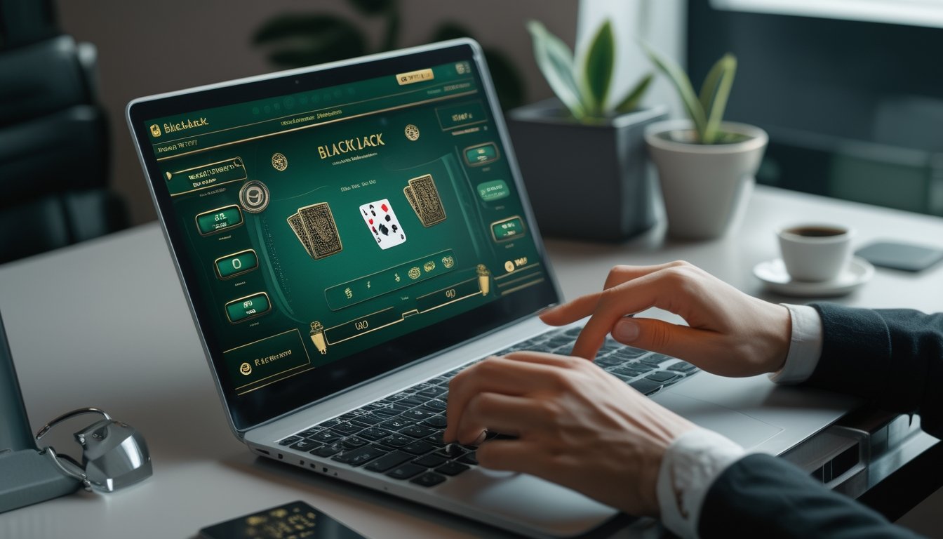 Tangan seseorang sedang bermain blackjack online di komputer dengan tampilan meja blackjack digital di layar.