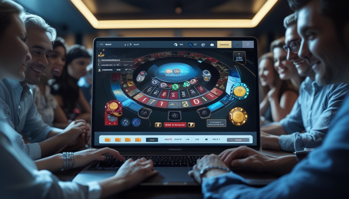 Orang-orang bermain blackjack online di perangkat digital dengan suasana kasino futuristik.