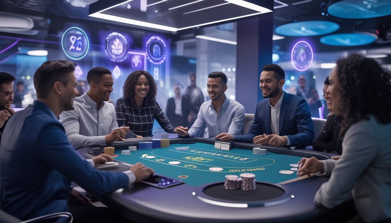 Beberapa orang bermain blackjack online di meja digital futuristik dengan tampilan kartu dan chip di layar besar.