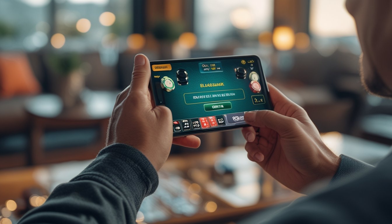 Seseorang memegang ponsel dengan permainan blackjack online yang terlihat di layar di dalam ruangan yang nyaman.
