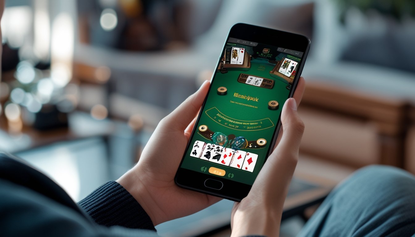 Tangan seseorang memegang ponsel yang menampilkan permainan blackjack online dengan kartu dan chip di layar.