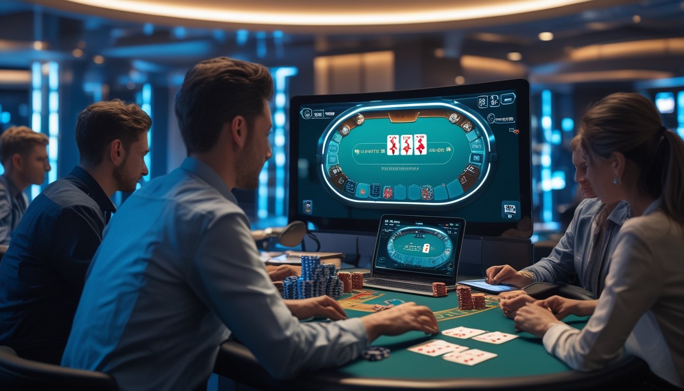 Beberapa orang sedang bermain blackjack online menggunakan laptop dan ponsel di depan layar besar dengan meja blackjack virtual dan chip.