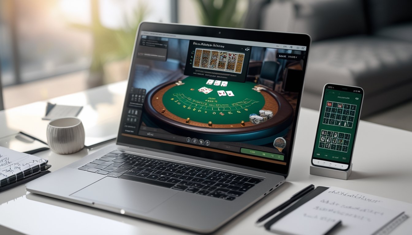 Sebuah laptop menampilkan permainan blackjack online dengan kartu dan chip, di atas meja dengan buku catatan dan ponsel di sekitarnya.